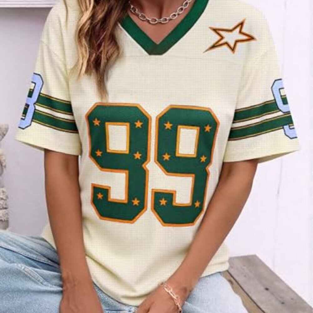 Oversized V-Neck Jersey T-Shirt Y2K Streetwear Graphic Tee Summer Fall - Picture 4 of 8
